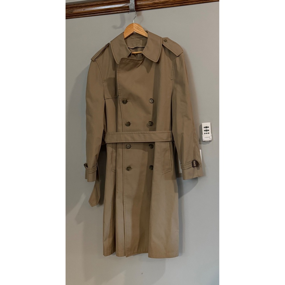 London Fog Trench Coat Men 46 Reg Tan Double Breasted Belted Vintage Overcoat